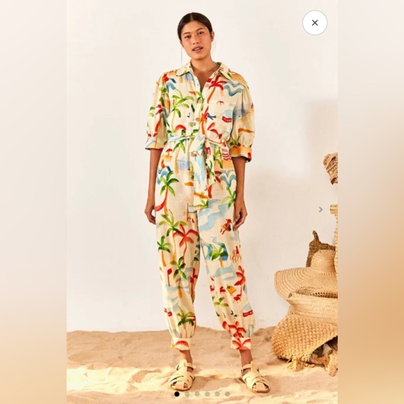 Farm Rio Copacabana Jumpsuit Small NWT white beige linen beach palm travel print - Picture 1 of 13